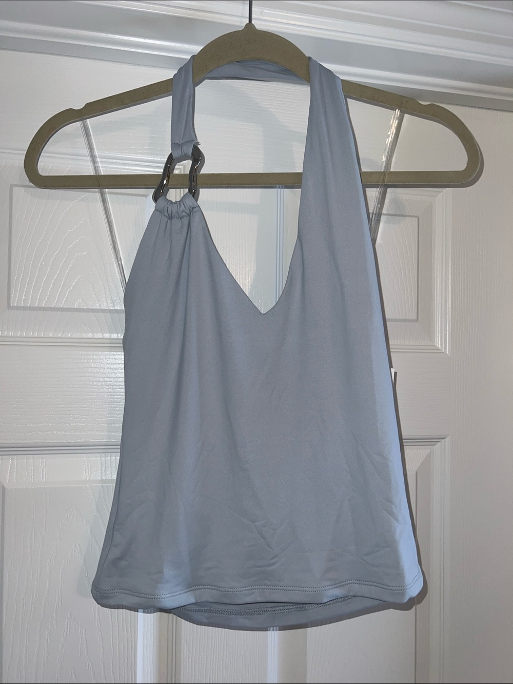Pink Rose Light Blue Halter Top with Silver Ring Detail